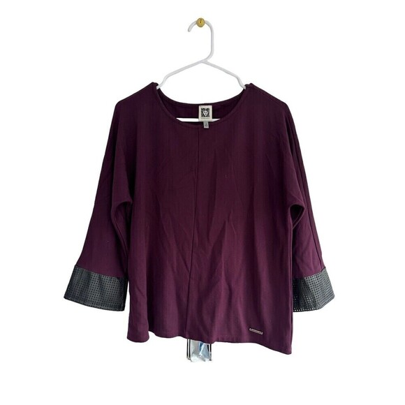 ANNE KLEIN Womens Grape Purple Blouse 3/4 Sleeves Leather Trim  Sz M Career Top - Picture 1 of 2